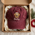 Custom Golden Retriever Embroidered Hat, Personalized Christmas Santa Pet Name Portrait Baseball Cap, Washed Cotton