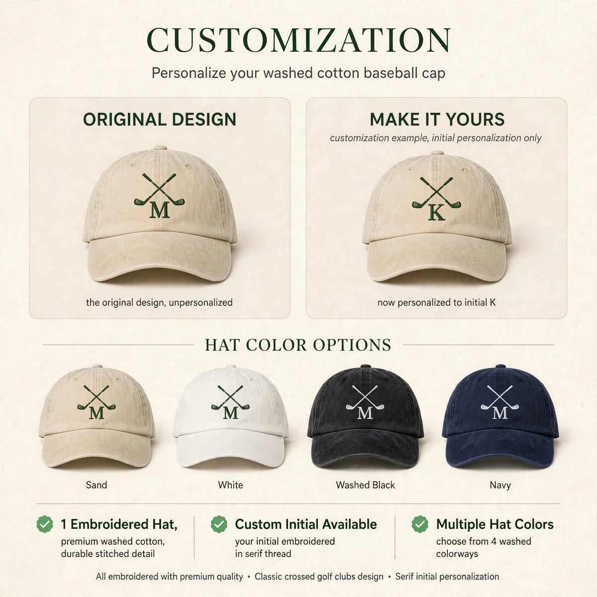 Custom Embroidered Golf Hat – Personalized Initial Golf Club Baseball Cap, Washed Cotton Gift for Golfers