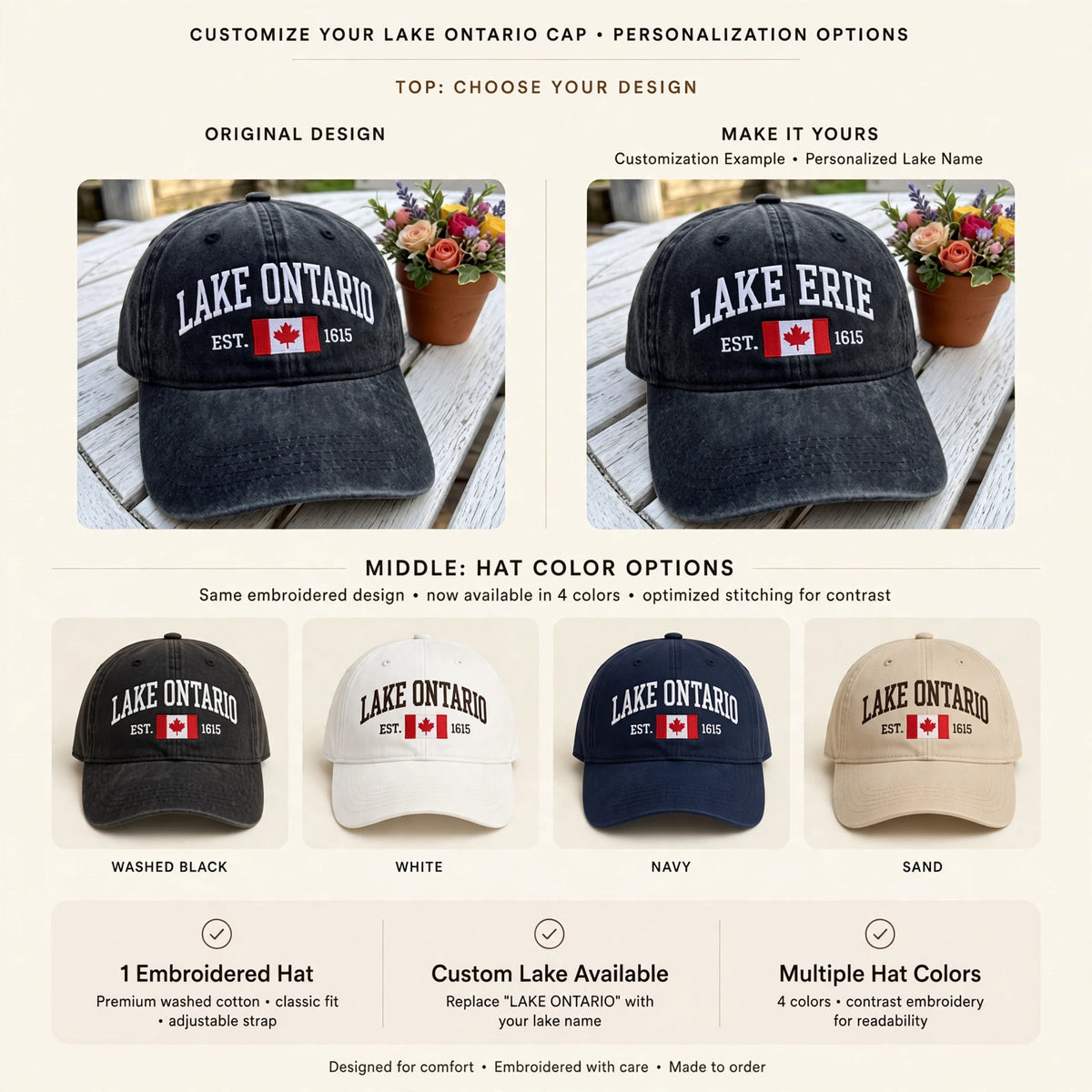Lake Ontario Canada Flag Embroidered Hat, Great Lakes Baseball Cap, Cottage Vacation Gift