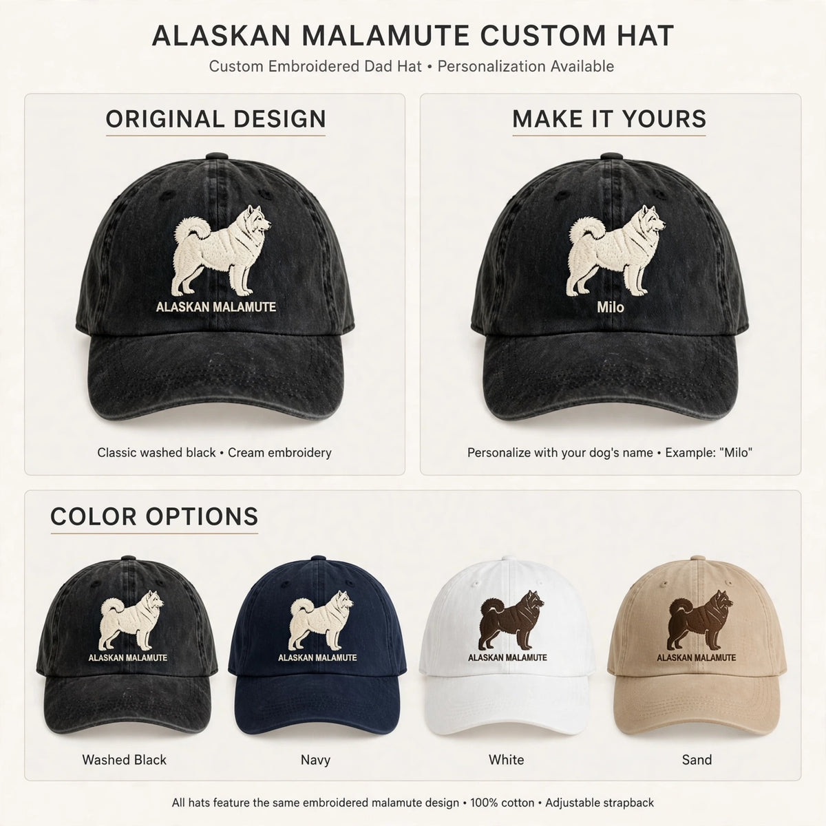 Alaskan Malamute Silhouette Embroidered Cap, Arctic Sled Dog Hat, Gift for Dog Lovers