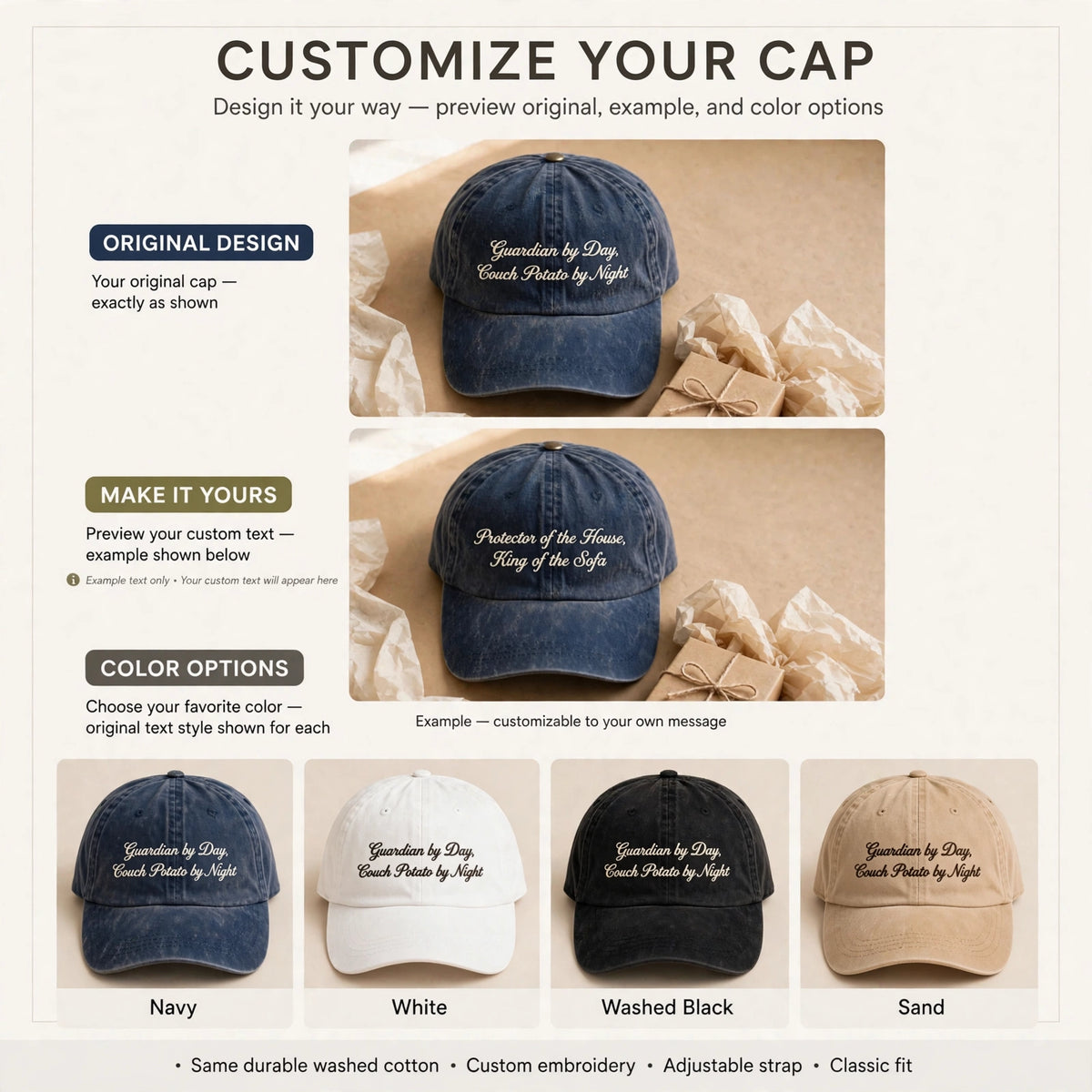 Custom Embroidered Guardian by Day Couch Potato by Night Hat – Funny Atlas Mountain Dog Baseball Cap, Washed Cotton Gift