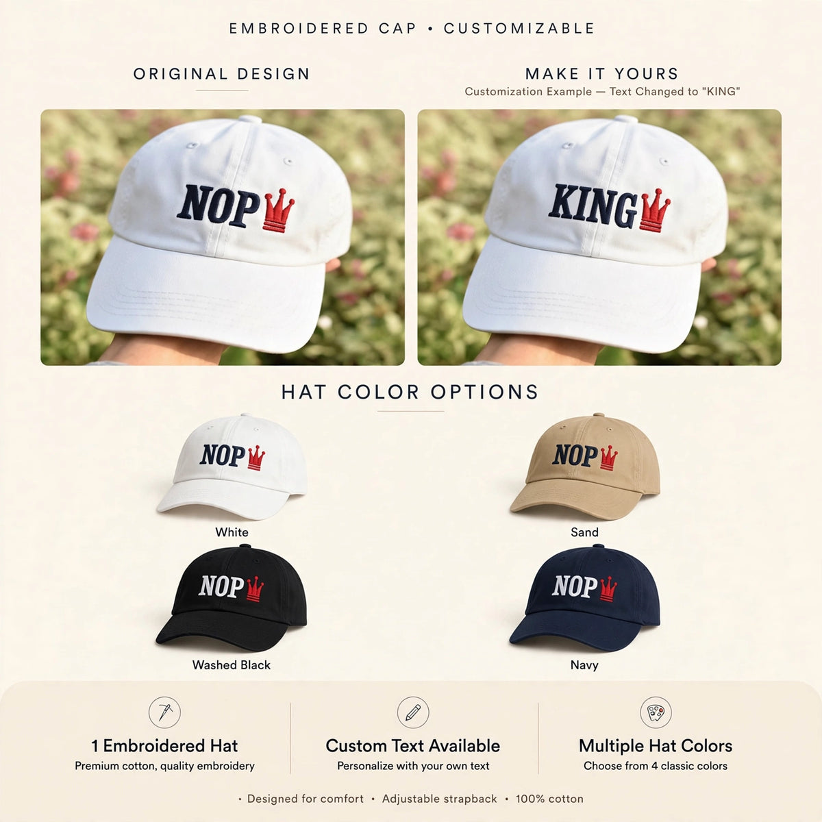 Nope No Kings Democrats Embroidered Baseball Cap Cotton Adjustable Dad Hat, Nope Hat, Embroidered Hat