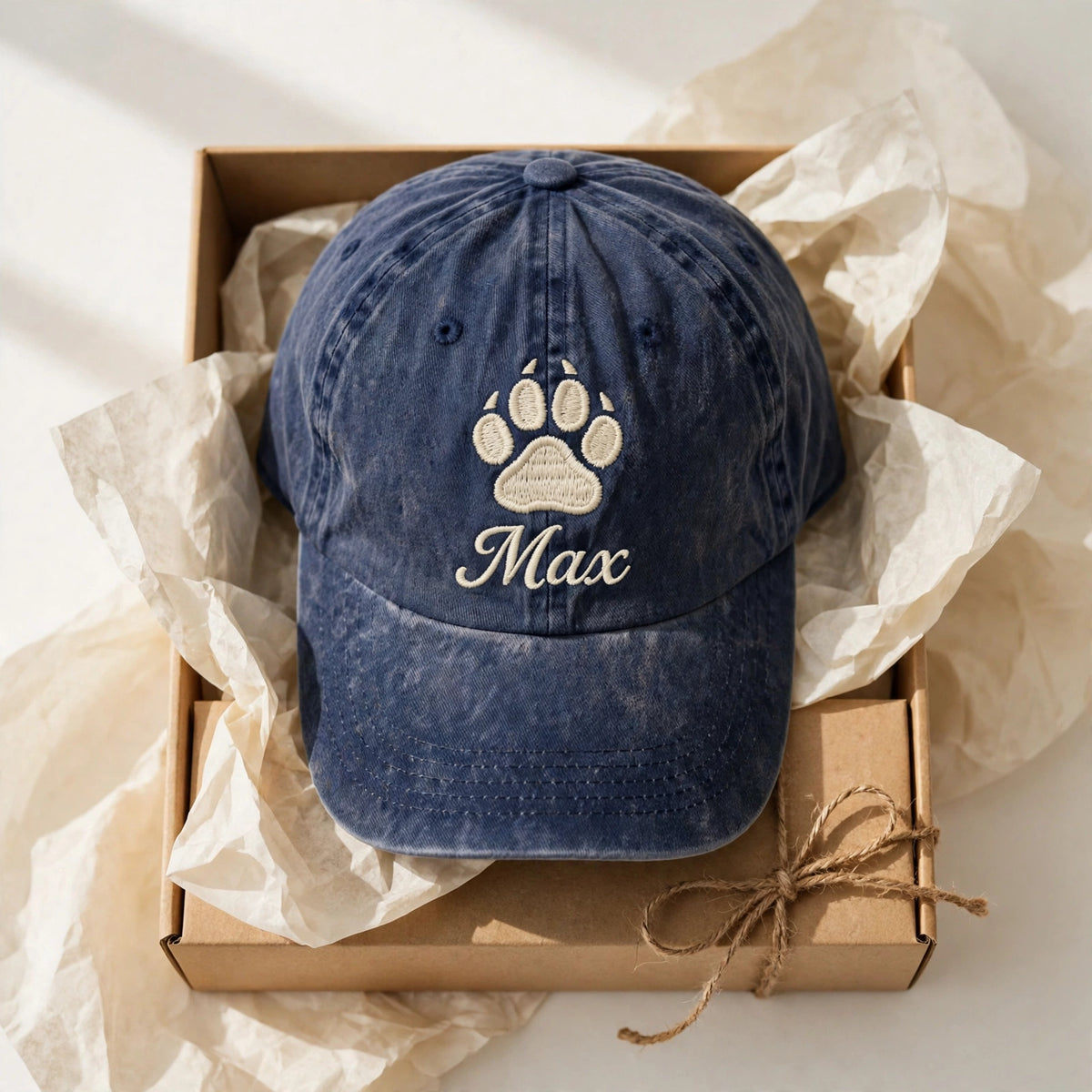 Custom Embroidered Paw Print Hat – Personalized Pet Name Baseball Cap, Washed Cotton Gift for Dog Lovers