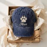 Custom Embroidered Paw Print Hat – Personalized Pet Name Baseball Cap, Washed Cotton Gift for Dog Lovers