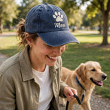 Custom Embroidered Paw Print Hat – Personalized Pet Name Baseball Cap, Washed Cotton Gift for Dog Lovers