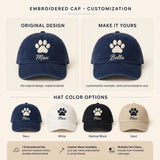 Custom Embroidered Paw Print Hat – Personalized Pet Name Baseball Cap, Washed Cotton Gift for Dog Lovers