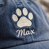 Custom Embroidered Paw Print Hat – Personalized Pet Name Baseball Cap, Washed Cotton Gift for Dog Lovers