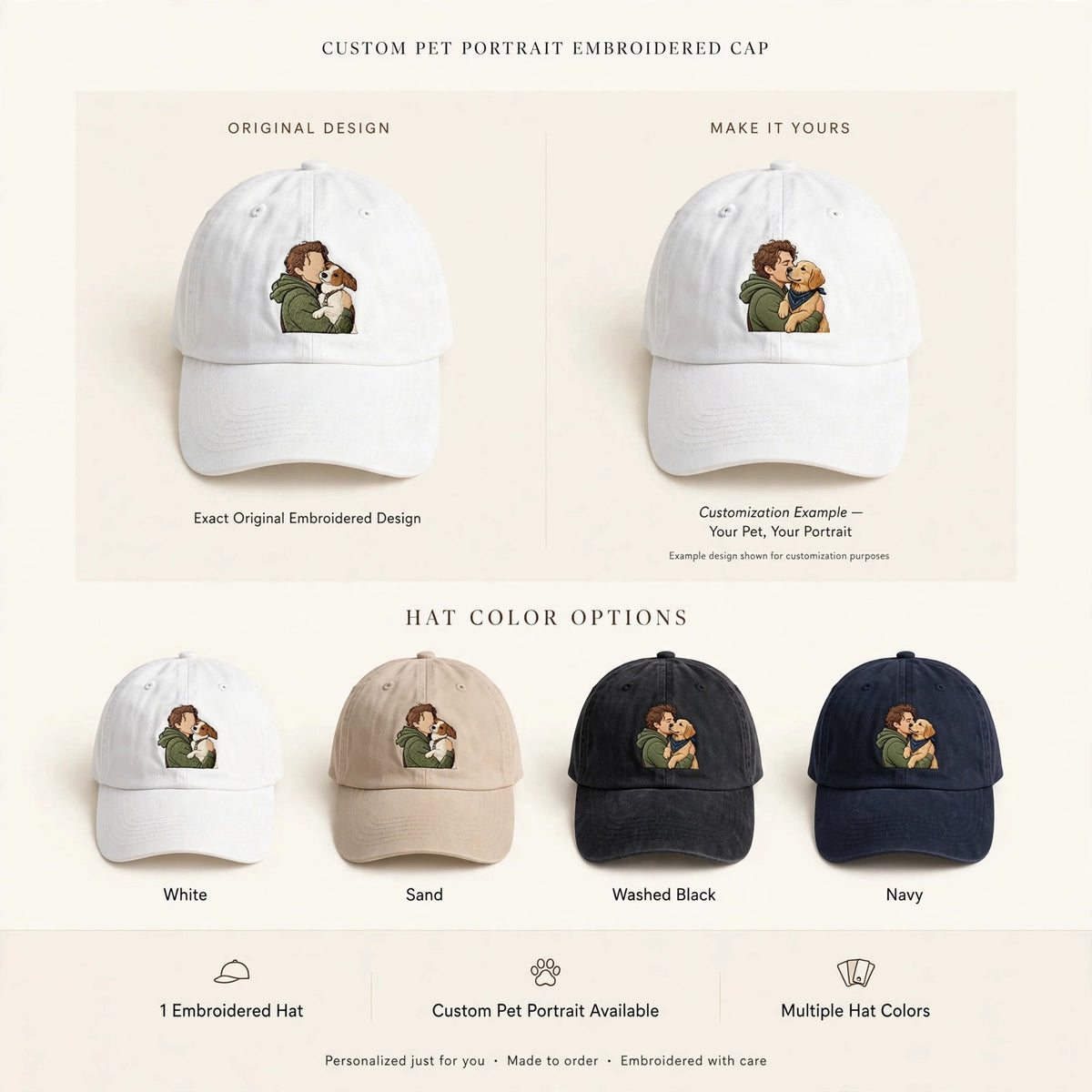 Custom Pet Portrait Embroidered Hat, Personalized Dog Dad Baseball Cap, Custom Pet Owner Gift from Photo, Aesthetic White Minimalist Dad Hat