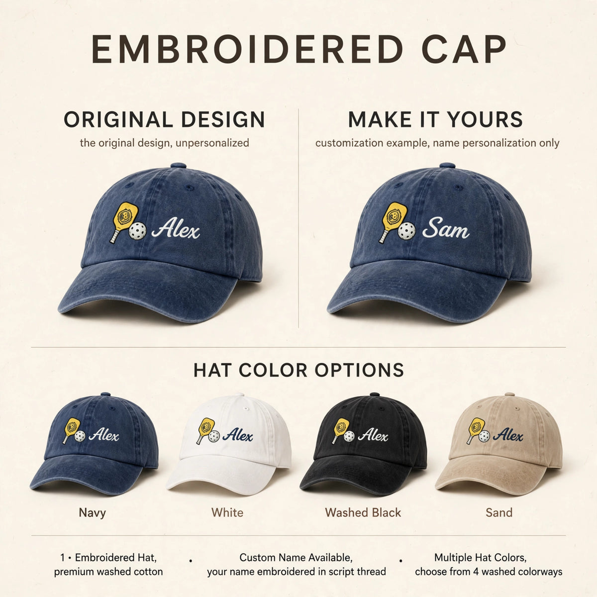 Custom Embroidered Pickleball Hat – Personalized Name Paddle Baseball Cap, Washed Cotton Gift for Pickleball Players
