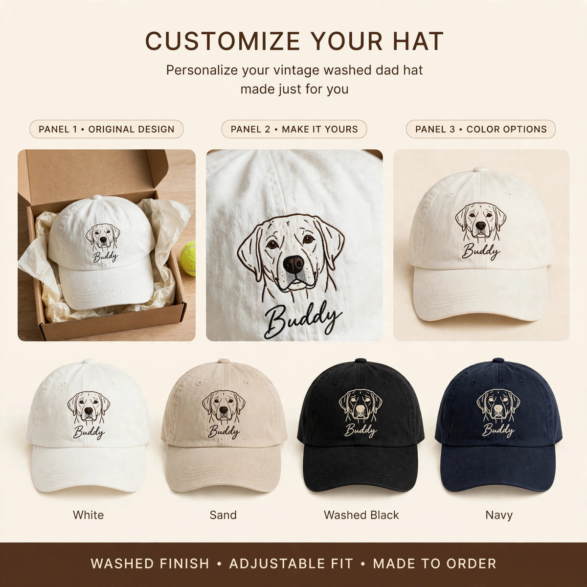 Custom Yellow Labrador Retriever Embroidered Hat, Personalized Pet Name Line Art Baseball Cap, Washed Cotton