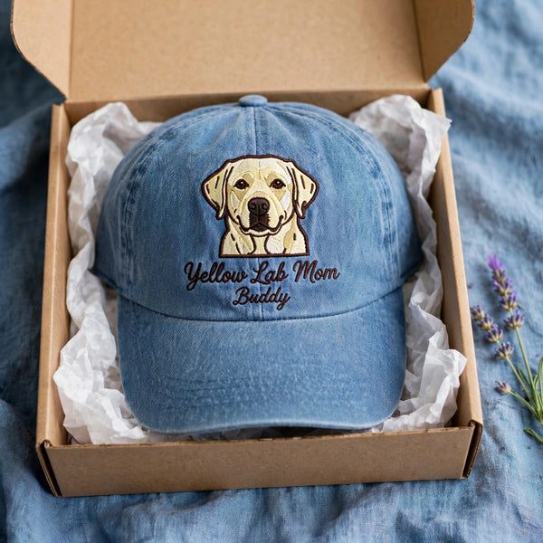Custom Yellow Labrador Retriever Embroidered Hat, Personalized Dog Mom Pet Name Portrait Baseball Cap, Vintage Washed Cotton