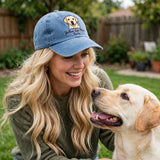 Custom Yellow Labrador Retriever Embroidered Hat, Personalized Dog Mom Pet Name Portrait Baseball Cap, Vintage Washed Cotton