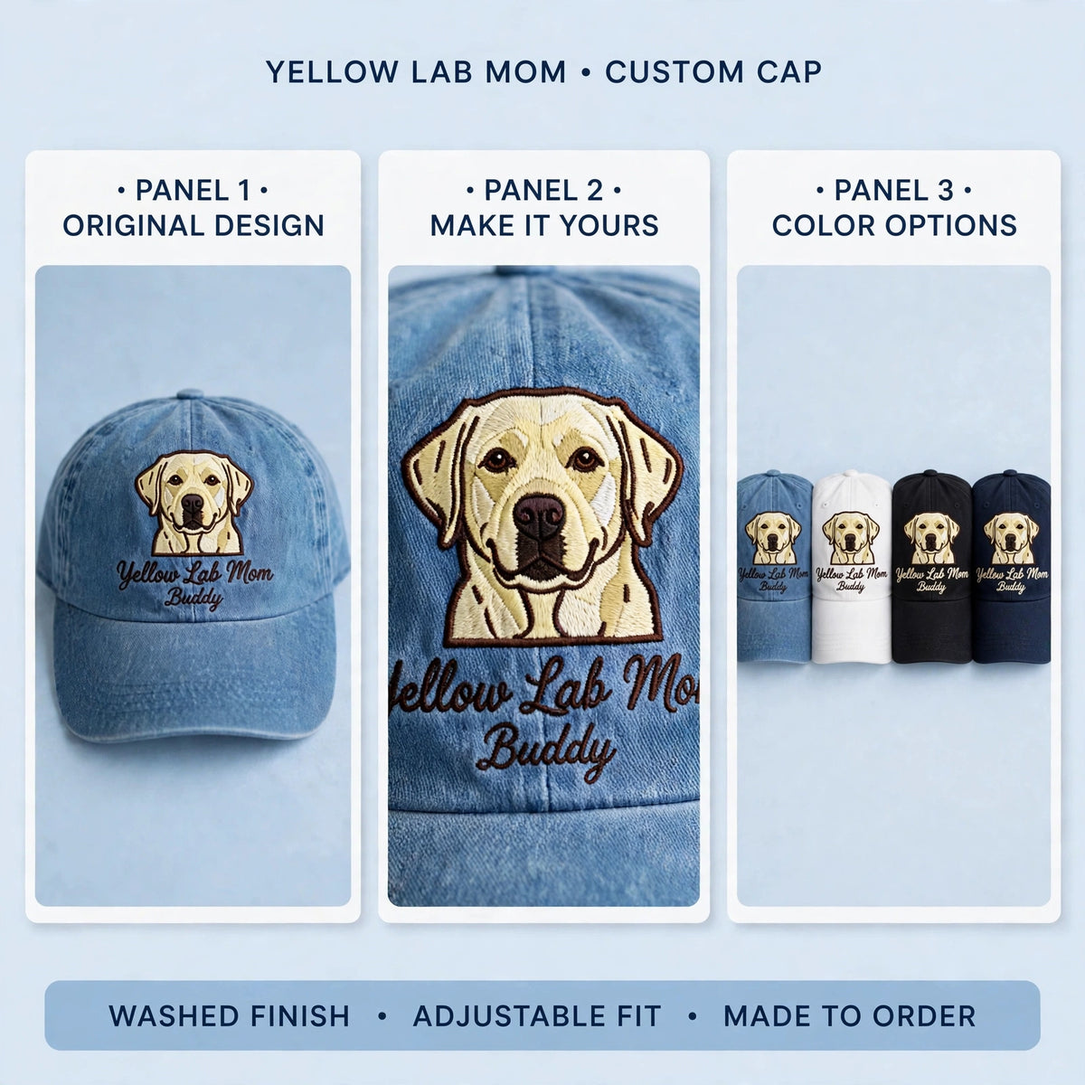 Custom Yellow Labrador Retriever Embroidered Hat, Personalized Dog Mom Pet Name Portrait Baseball Cap, Vintage Washed Cotton