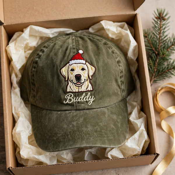 Custom Yellow Labrador Retriever Embroidered Hat, Personalized Christmas Santa Pet Name Portrait Baseball Cap, Washed Cotton