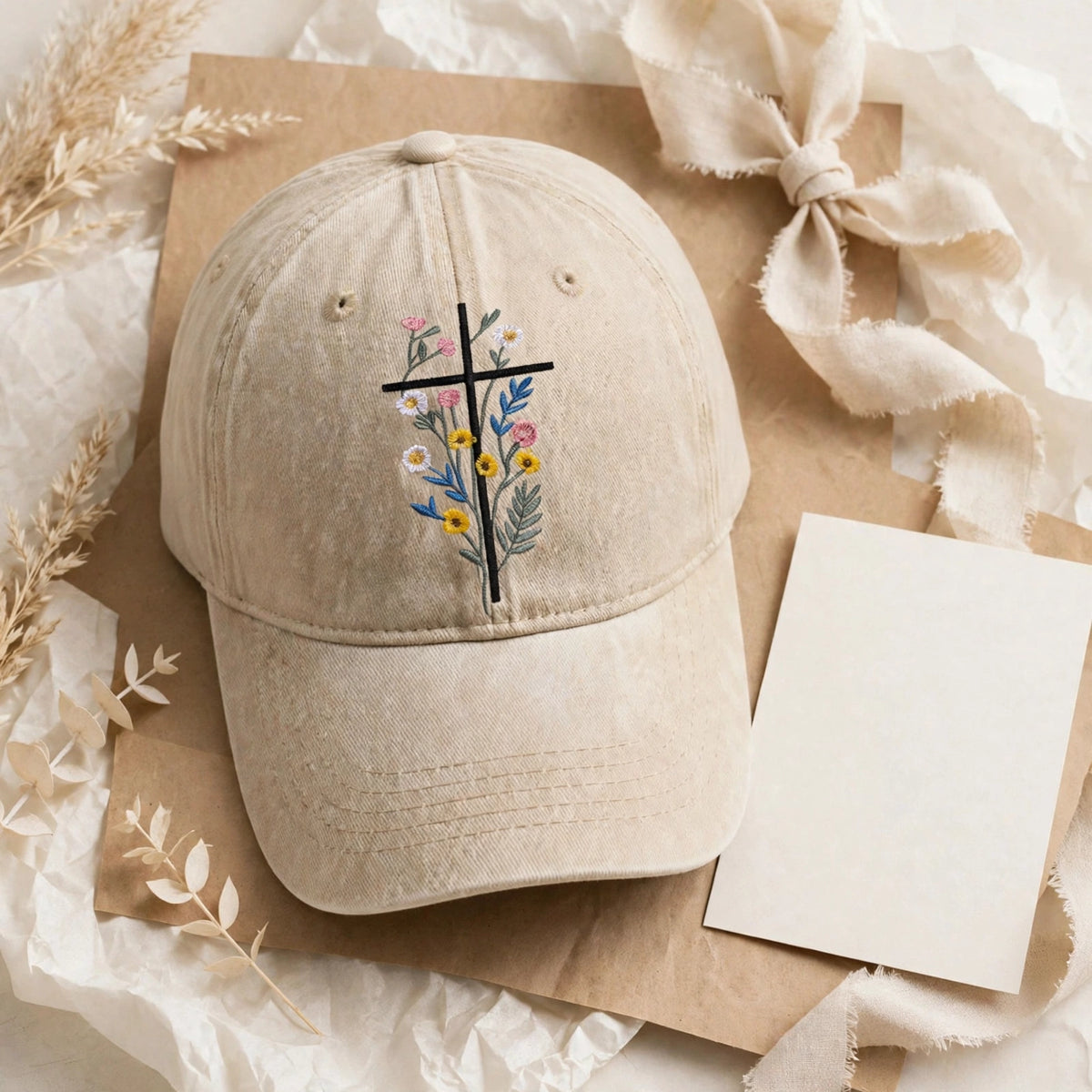 Floral Cross Embroidered Hat, Christian Flower Baseball Cap, Aesthetic Religious Hat, Vintage Faith Based Apparel, Flower Cross Gift