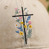 Floral Cross Embroidered Hat, Christian Flower Baseball Cap, Aesthetic Religious Hat, Vintage Faith Based Apparel, Flower Cross Gift