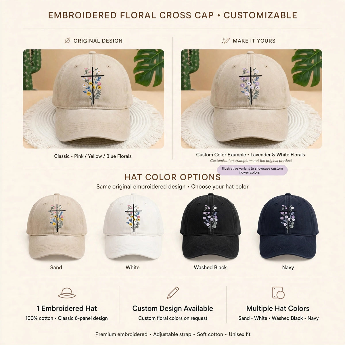 Floral Cross Embroidered Hat, Christian Flower Baseball Cap, Aesthetic Religious Hat, Vintage Faith Based Apparel, Flower Cross Gift